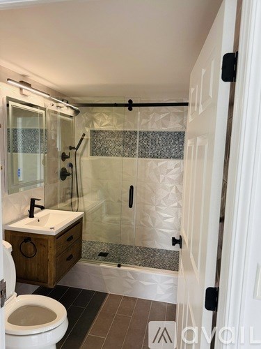 A bathroom with a walk-in shower and a toilet.