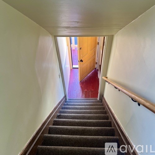 A staircase with a carpeted runner and wooden handrail.