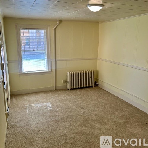 A room with a window, a radiator, and a carpet with a white line drawn on it.