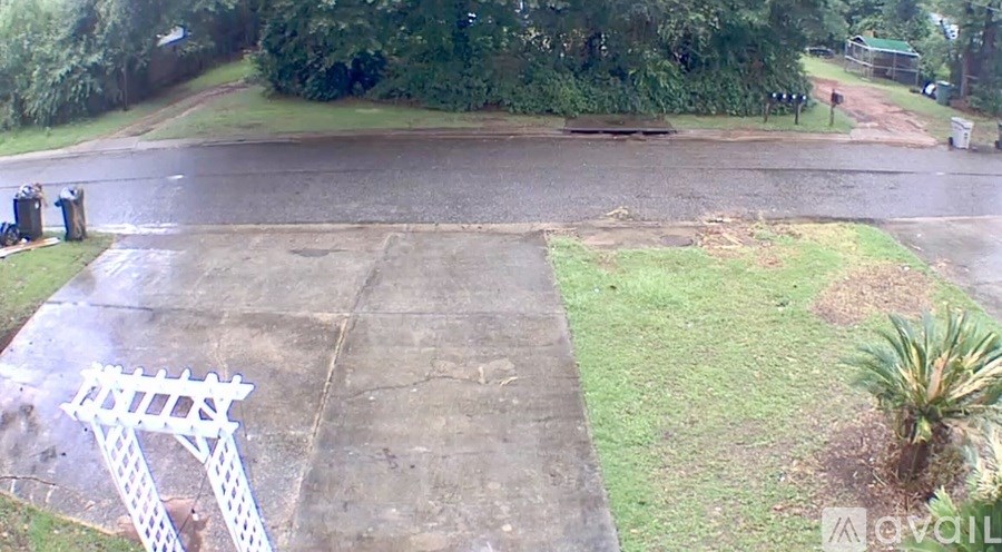A wet parking lot with a white ladder in the foreground.
