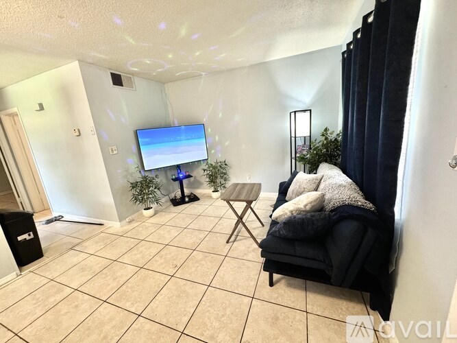 A living room with a black couch, a TV, and a plant.