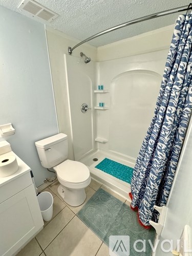 A small bathroom with a toilet, a bathtub, and a shower curtain.