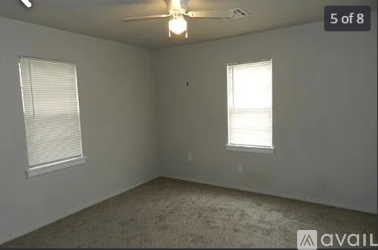 A room with a carpeted floor, a ceiling fan, and two windows.