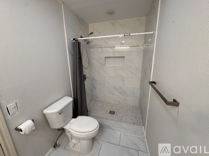 A white toilet is next to a shower in a bathroom.