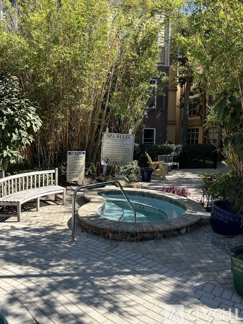 A pool surrounded by trees and a bench.
