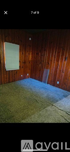 A room with wooden walls and a carpeted floor.