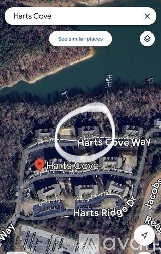 An aerial view of a location named "Harts Cove" with roads labeled "Harts Cove Way" and "Harts Ridge".