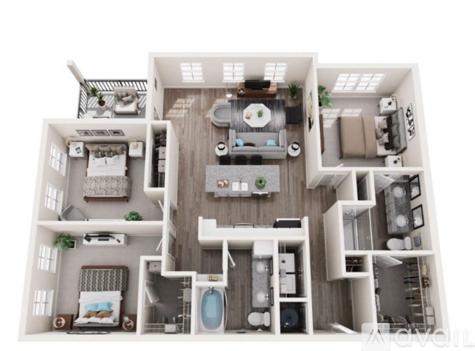 A 3D model of a small apartment with a kitchen, living room, and bathroom.
