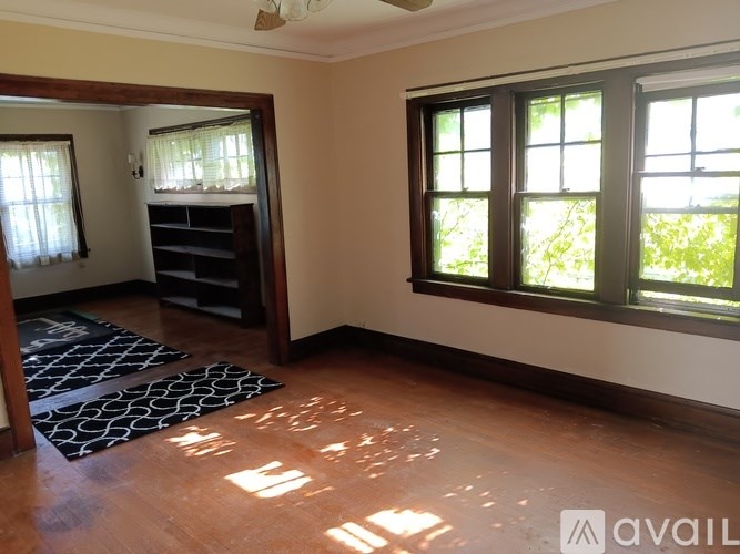 A room with a black and white rug, a wooden floor, and a window with a view of greenery outside.