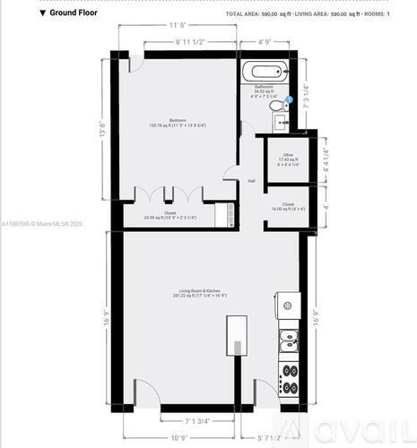 A floor plan of a ground floor layout including a kitchen, living room, and bathroom.