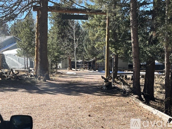 A wooden archway stands in a wooded area with a picnic table and benches nearby.