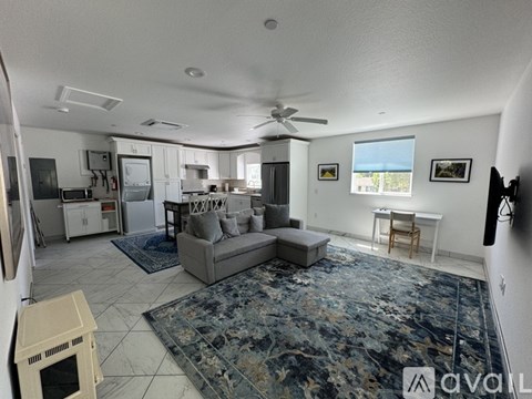 A living room with a grey couch and a blue rug.