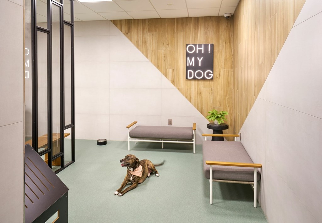 A dog is sitting on the floor in front of a sign that says "OH MY DOG".