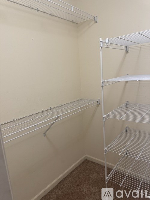 Empty shelves in a room with white walls.