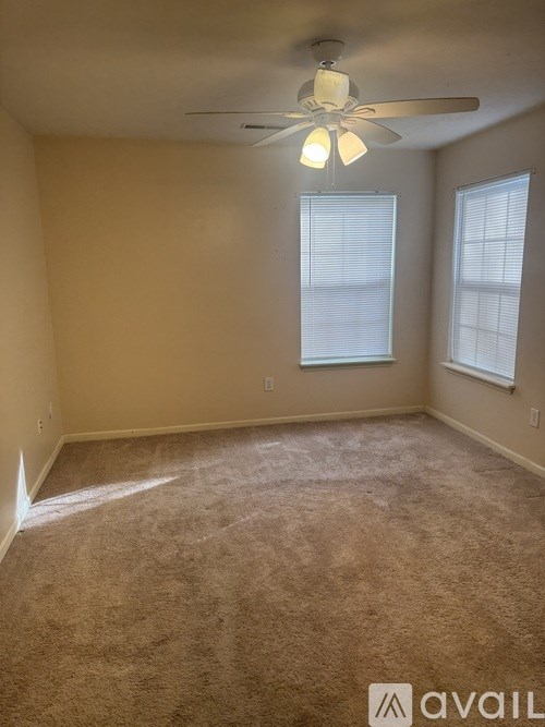 A room with a carpeted floor, a ceiling fan, and two windows.