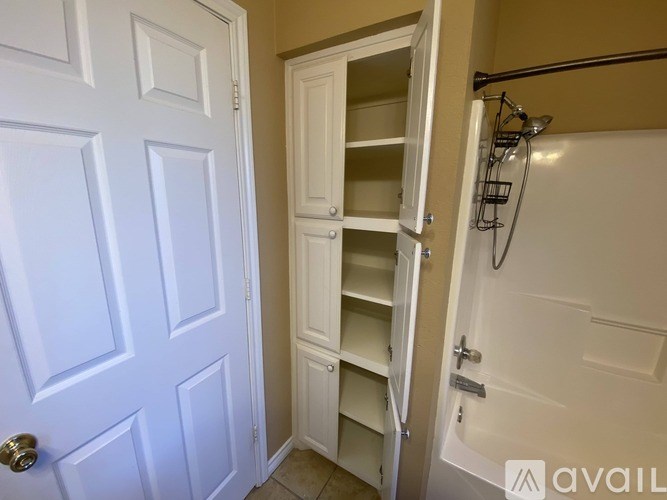 A white door is open to a white cabinet.