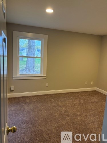 A room with a window showing a tree outside.