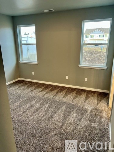 A room with a carpeted floor and two windows.