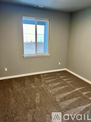 A room with a carpeted floor and a window overlooking a body of water.