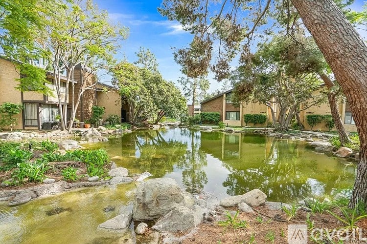 A tranquil scene of a pond surrounded by trees and buildings.