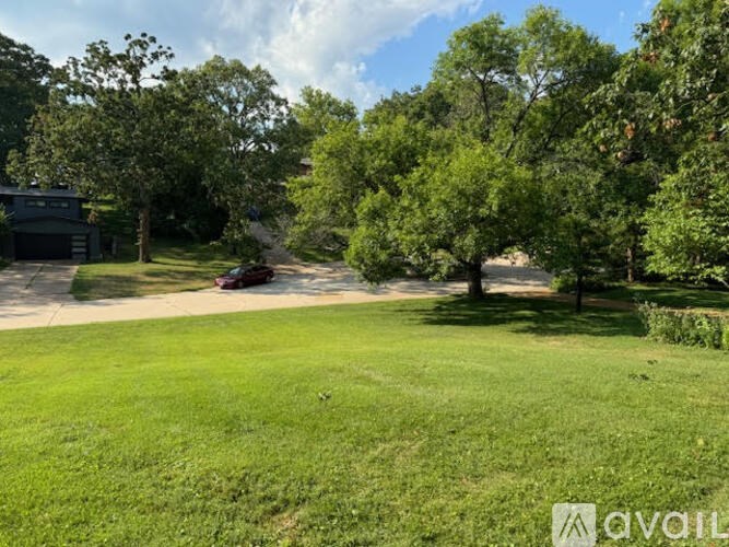 A grassy area with trees and a building in the background.