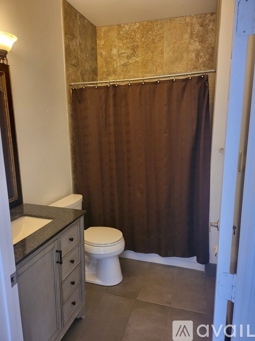A bathroom with a toilet, sink, and shower curtain.