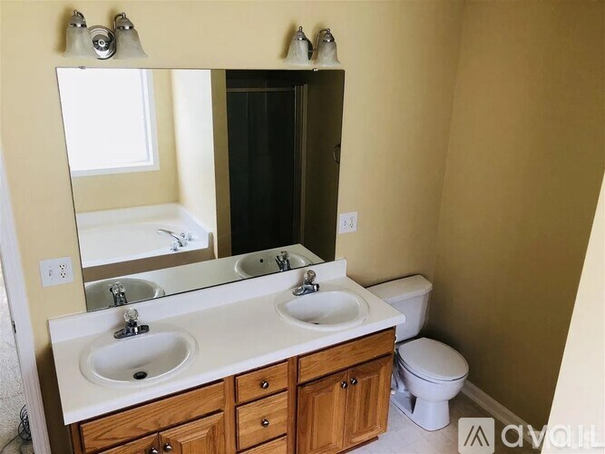 A bathroom with two sinks and a toilet.