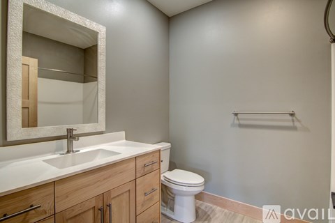 A bathroom with a white toilet and a mirror above a sink.
