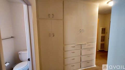 A bathroom with a toilet and a cabinet with drawers.