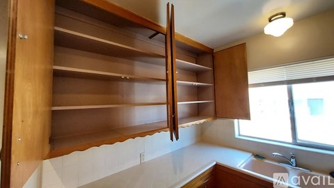 A kitchen with wooden cabinets and a window.