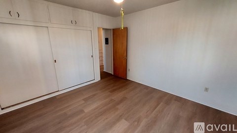 A room with a wooden floor and a brown door.