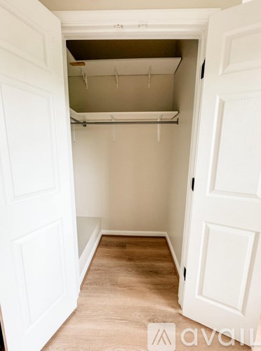 A white closet with a hanging rod and a carpeted floor.