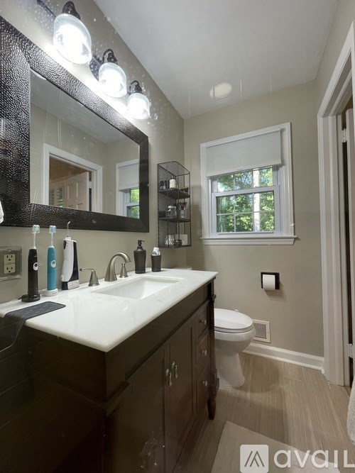 A bathroom with a sink, mirror, and toilet.