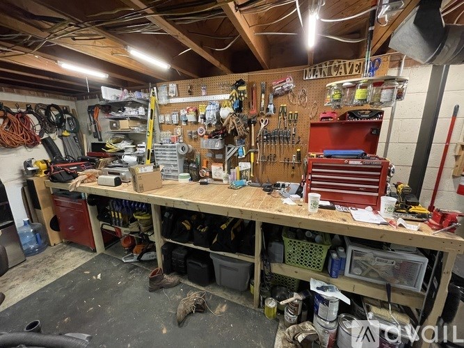 A workshop with a wooden table, tools, and a sign that says "MAN CAVE".