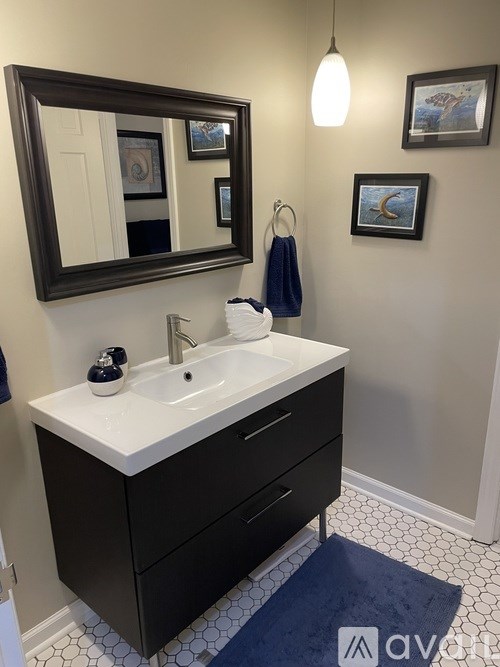 A bathroom with a sink, mirror, and a rug.