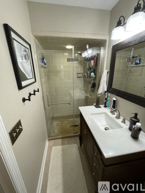 A bathroom with a white sink and a shower with a glass door.