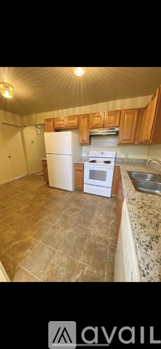 A kitchen with a white refrigerator and wooden cabinets.