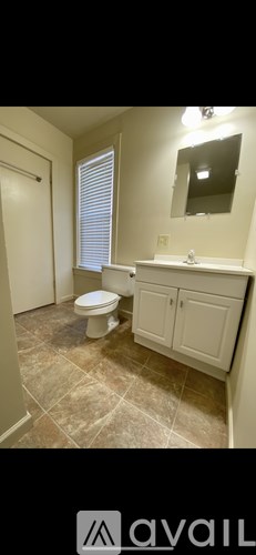 A bathroom with a toilet, sink, and mirror.