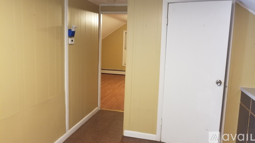 A hallway with a white door and a brown floor.