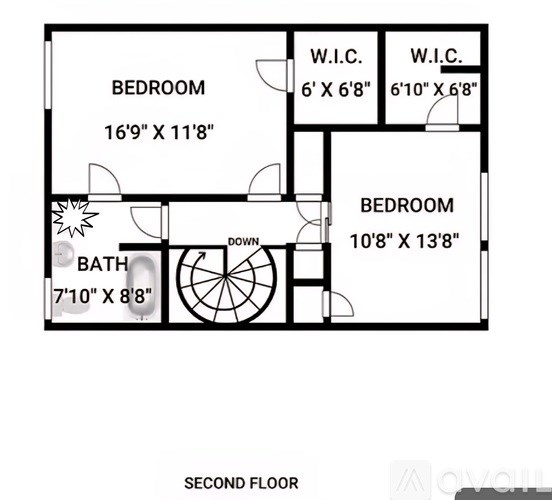 A black and white image of a second floor floor plan with two bedrooms, a bathroom, and a living area.