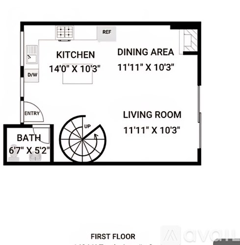 A floor plan of a first floor apartment with a kitchen, dining area, living room and bathroom.