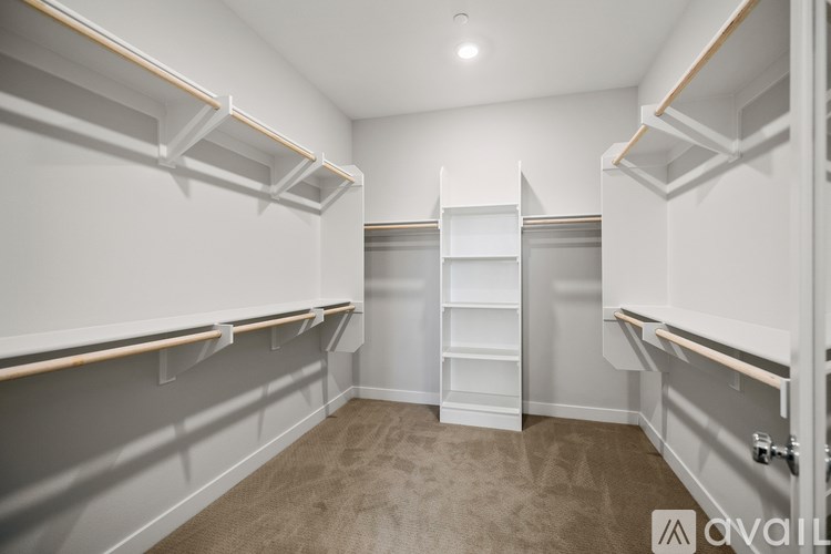 A spacious walk-in closet with white shelving and carpeted floor.