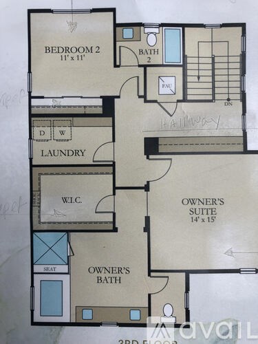 A floor plan of an apartment with a laundry room and two bathrooms.