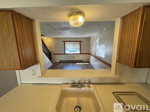 A kitchen with a sink and a window.