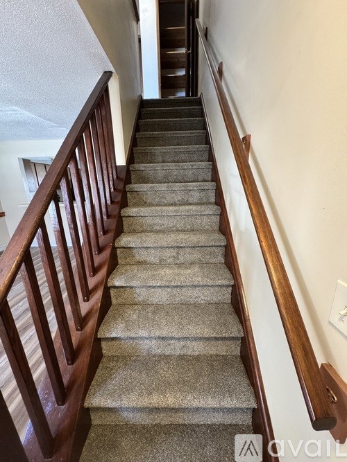 A staircase with wooden railings and beige carpeted steps.