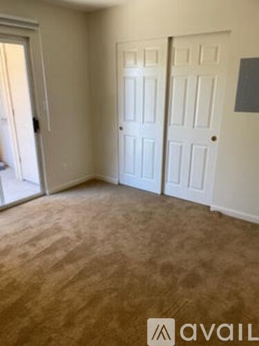 A room with two white doors and a carpeted floor.