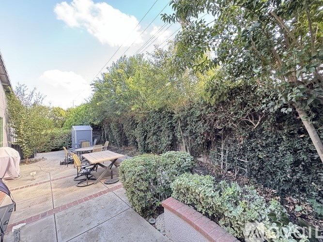 A backyard with a picnic table and a grill surrounded by greenery.
