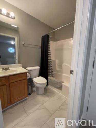 A bathroom with a toilet, sink, and shower.