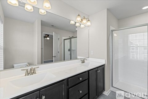 A bathroom with a white sink and black cabinets.