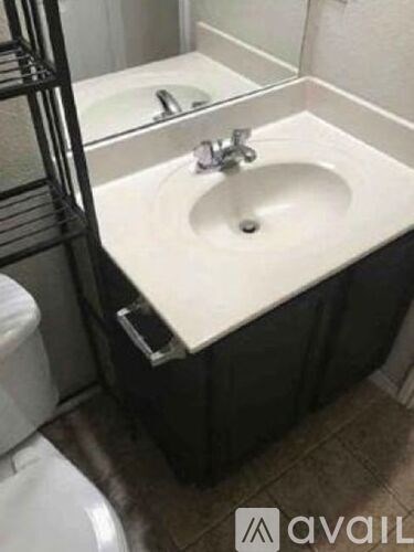A white sink in a bathroom with a black cabinet.